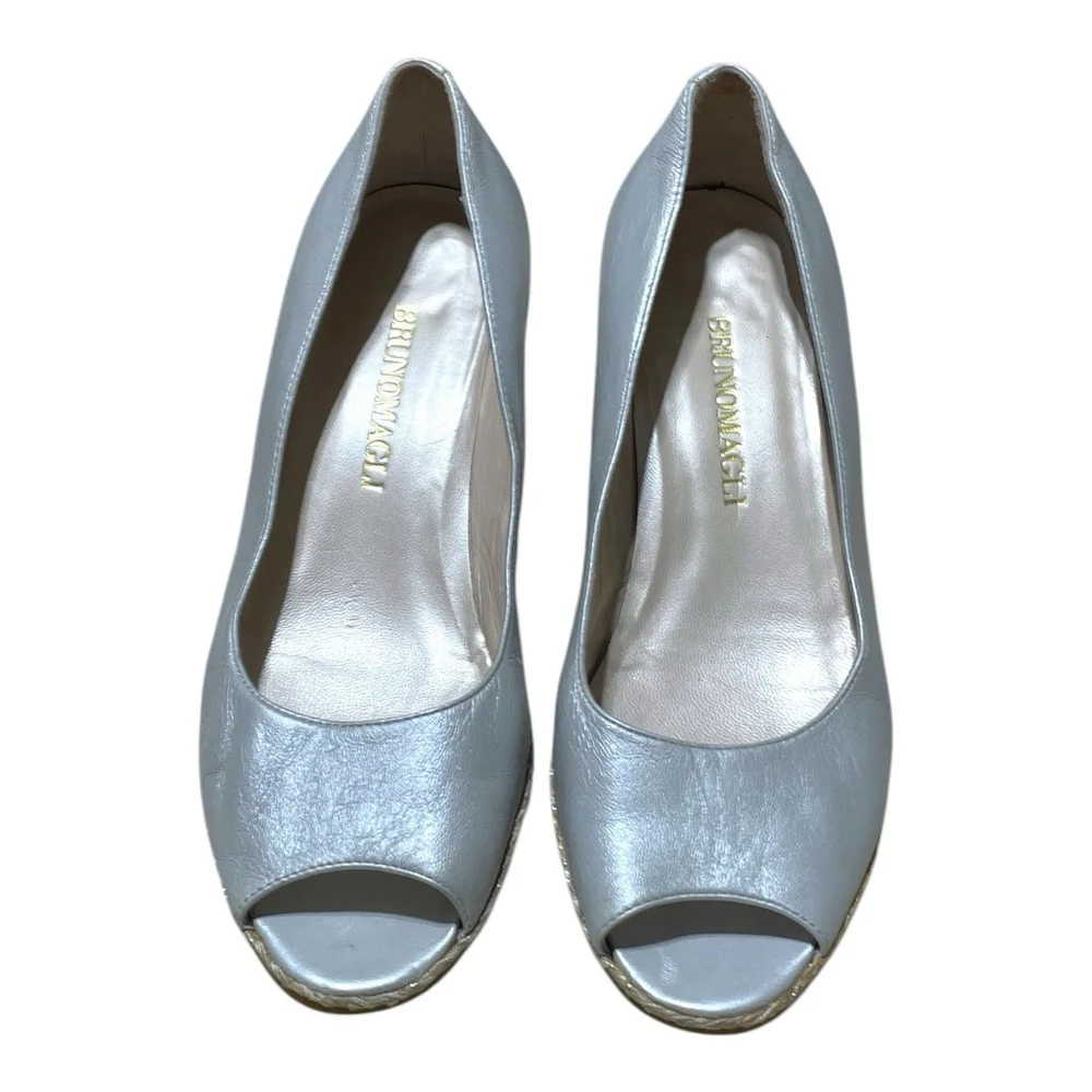 Bruno Magli Womens 6 36.5 Espadrille Wedge Open Toe Pearl Gray Made in Italy